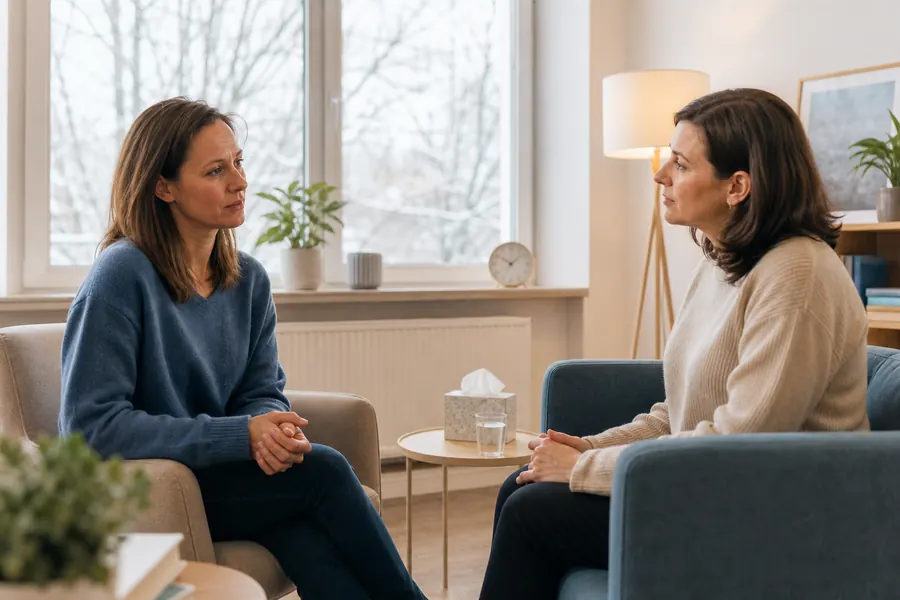 Klientka počas rozhovoru so psychologičkou o sezónnej depresii a zimnej úzkosti.